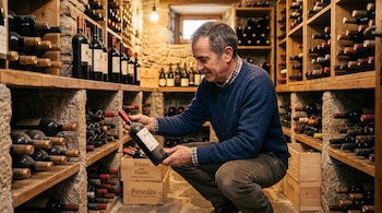 Un hombre agachado sostiene una botella frente a estanterías de madera y piedra repletas de botellas de vino y cajas.