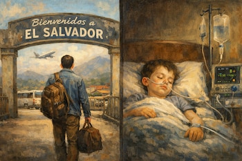 Una pintura dividida: a la izquierda, un hombre regresa a El Salvador bajo un arco de bienvenida; a la derecha, un niño enfermo yace en cama con equipo médico.