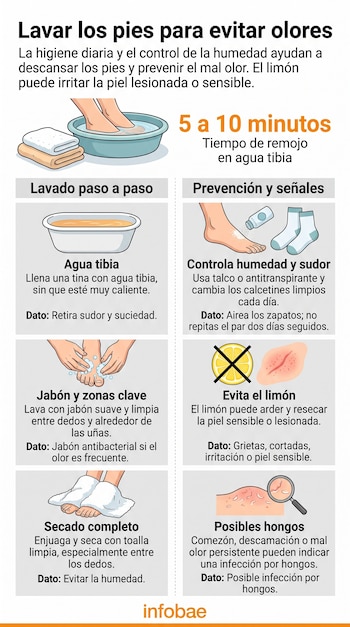 Infografía con ilustraciones paso a paso sobre el lavado, secado, uso de talco y precauciones para la higiene de los pies.