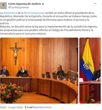 Abelardo de la Espriella llevó a la Corte Suprema la discusión sobre congestión judicial y justicia agraria - crédito @CorteSupremaJ/X