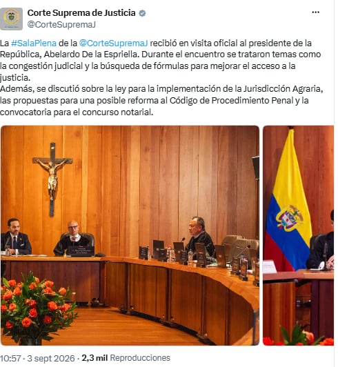 Abelardo de la Espriella llevó a la Corte Suprema la discusión sobre congestión judicial y justicia agraria - crédito @CorteSupremaJ/X