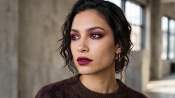 Primer plano de una mujer con sombra de ojos en tono vino, labial borgoña, pecas visibles y suéter tejido de color marrón.