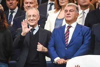 President of Real Madrid Florentino PEREZ and President Joan LAPORTA of Barcelona during the LaLiga match between Real Madrid CF and FC Barcelona at Santiago Bernabeu Stadium on October 26, 2025 in Madrid, Spain. Gustavo Valiente