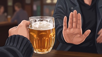 Una mano sostiene una jarra de cerveza con espuma frente a una persona que extiende la palma abierta.