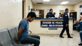 Un hombre esposado está sentado en una banca metálica dentro de una estación de policía junto a varios agentes.