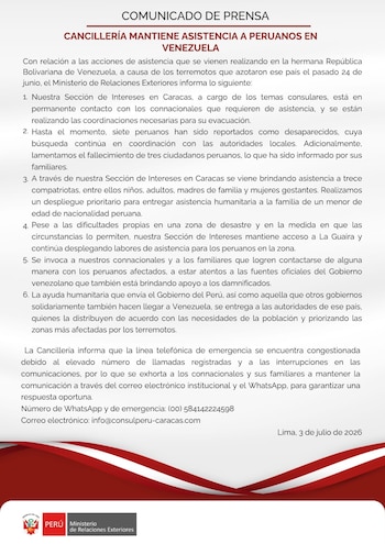 Documento de comunicado de prensa del Ministerio de Relaciones Exteriores de Perú con texto sobre asistencia a peruanos en Venezuela y logo