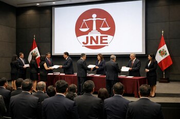 Un grupo de personas formales en un auditorio recibe documentos. Hay una mesa con mantel burdeos, una pantalla con el logo del JNE y dos banderas de Perú.