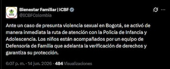 El Icbf activó la ruta de atención inmediata por presunta violencia sexual y dispuso un equipo de Defensoría de Familia para verificar derechos y protección de los niños - crédito @ICBFColombia / X