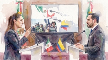 Ilustración de acuarela con una mujer y un hombre en atriles. Al centro, una pantalla con mapas de México y Colombia, flechas de flujo y soldados. Banderas nacionales decoran la escena.