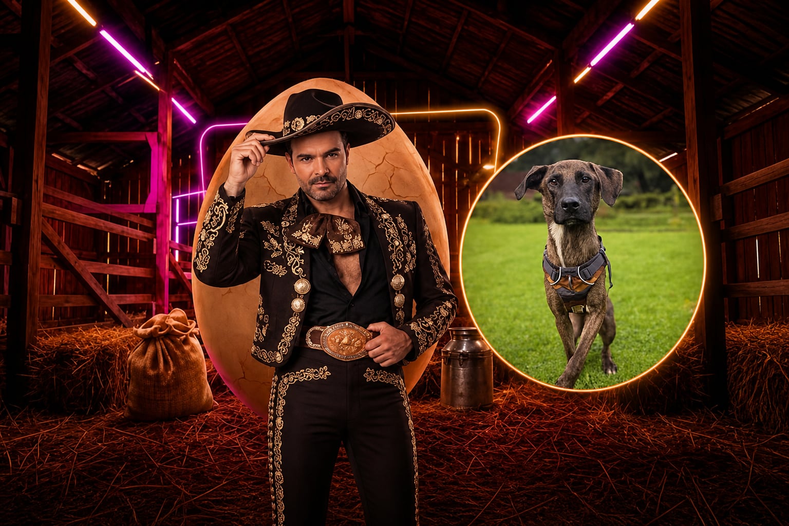 Un hombre con traje tradicional de charro posa en un granero iluminado con luces de neón junto a un marco circular que integra a un perro sobre césped. (Imagen Ilustrativa Infobae)