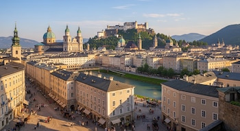 Vista aérea de una ciudad europea con edificios históricos, un río, una catedral de cúpula verde, una fortaleza en una colina y montañas al fondo.