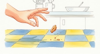 Ilustración acuarela de una mano de tez clara alcanzando un trozo de comida que cae hacia un suelo de baldosas azules y amarillas en una cocina.