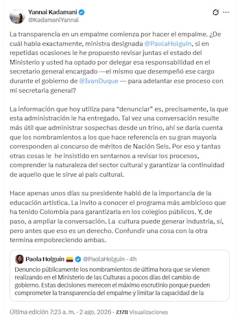 La ministra saliente defendió la legalidad de los procesos y negó que, en su mayoría, se trate de decisiones discrecionales - crédito @KadamaniYannai/X