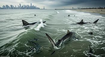 Vista aérea de varios tiburones nadando en aguas poco profundas cerca de una playa, con el horizonte de Nueva York y la Estatua de la Libertad al fondo.