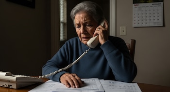 Una mujer adulta mayor con cabello gris sostiene un teléfono beige en su oreja derecha, con expresión de preocupación, sentada en una mesa de madera con papeles.