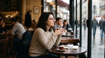 Mujer con gafas y suéter beige sentada frente a una mesa con tazas en una cafetería junto a un ventanal.