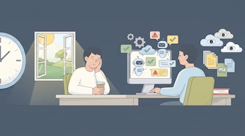 Dos hombres en un escritorio, uno con taza, el otro con computadora mostrando iconos de inteligencia artificial; un reloj, ventana con sol y nubes con ojos.