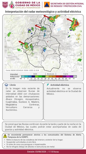 Mapa meteorológico de la Ciudad de México con áreas de lluvia, leyendas de intensidad, texto con pronóstico y recomendaciones, y logos de gobierno