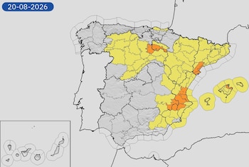 Mapa de alertas meteorológicas para este jueves, 20 de agosto de 2026. (Aemet)