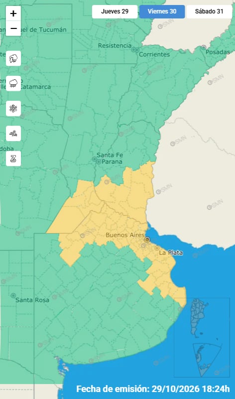 La alerta amarilla rige para la Ciudad de Buenos Aires y el conurbano, zonas donde miles de hinchas se movilizarán ese día