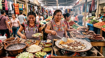 Tres mujeres elaboran tlayudas sobre un comal en un puesto de mercado con recipientes de barro, aguacate, queso y verduras.