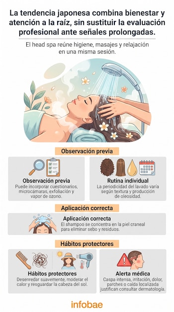 Infografía con ilustraciones de un masaje capilar, íconos de evaluación dermatológica y secciones informativas sobre la salud del pelo.