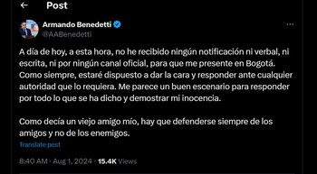 Armando Benedetti afirmó que no fue notificado de una citación a la Cancillería - crédito X