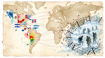Mapa mundial en acuarela con banderas latinoamericanas, líneas punteadas rojas y soldados dentro de un cerco de alambre de púas.