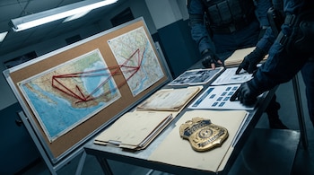 Tablero de corcho con mapas conectados por hilos rojos, carpetas, una placa dorada y personas con guantes tácticos sobre una mesa.