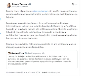 La candidata Paloma Valencia criticó el pronunciamiento del presidente Gustavo Petro sobre las medidas tomadas por la junta directiva del Banco de la República - crédito @PalomaValenciaL/X