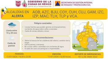 Infografía del Gobierno de la Ciudad de México con alerta meteorológica, símbolos de lluvia y granizo, lista de alcaldías, peligros, recomendaciones y mapa