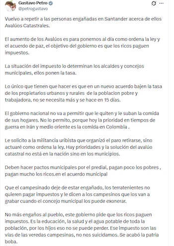 El mandatario afirmó que se mantiene el aumento del avalúo catastral y lanzó una aguda crítica al uribismo - crédito @petrogustavo/x
