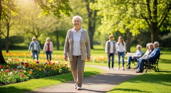 Mujer mayor con cabello blanco sonríe mientras camina por un sendero de un parque verde y soleado, con flores y otras personas al fondo.