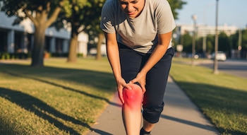 Primer plano de una persona agarrándose la rodilla derecha, que aparece con un brillo rojizo. Se aprecia su expresión de dolor mientras está de pie en una acera.