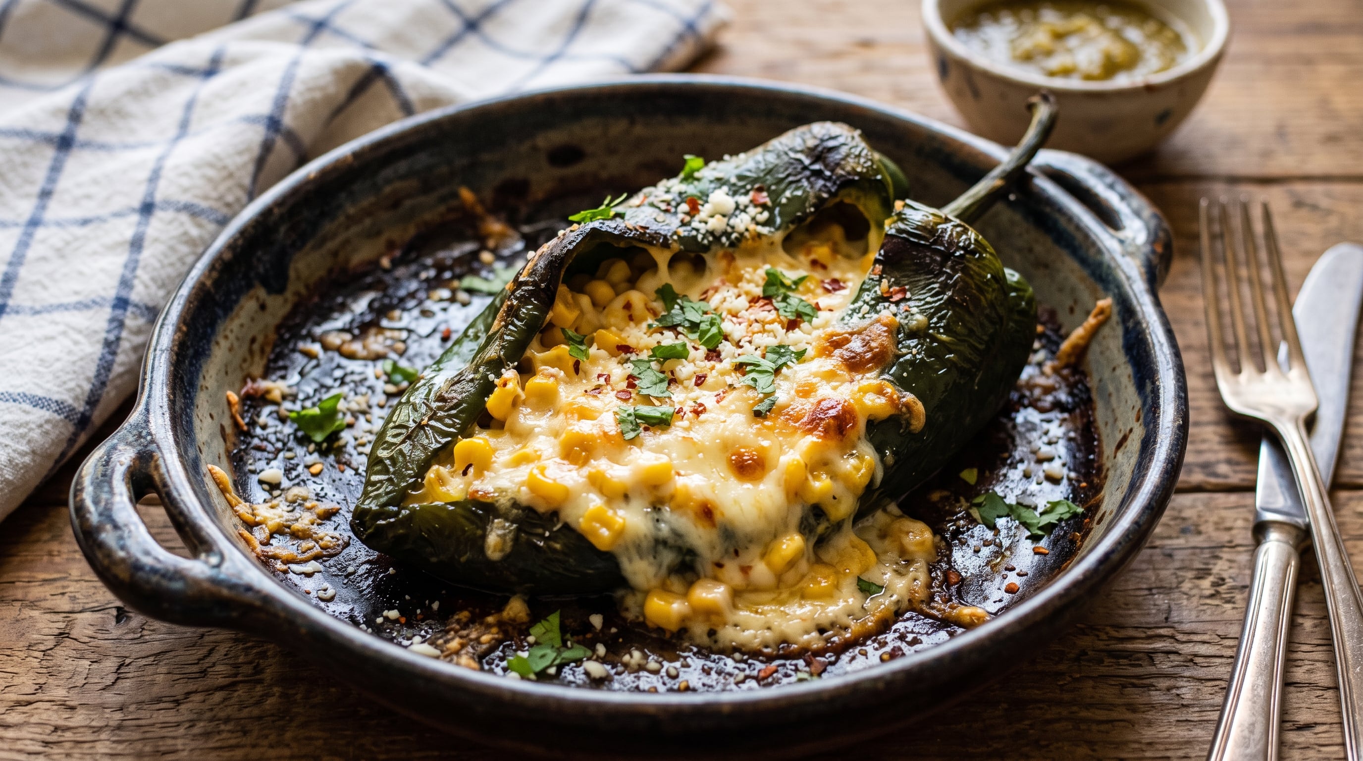 Un chile poblano asado y horneado se presenta relleno con queso fundido y granos de elote en una vasija de barro sobre una mesa de madera. (Imagen Ilustrativa Infobae)