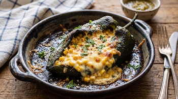 Chile poblano horneado relleno de queso y maíz sobre un recipiente cerámico, junto a un tenedor, un cuchillo y un tazón con salsa.