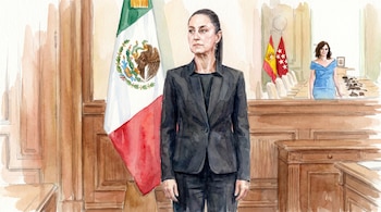 Ilustración acuarela de Claudia Sheinbaum de pie en primer plano con traje oscuro junto a la bandera de México, y Isabel Díaz Ayuso al fondo.