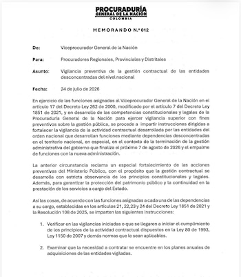La Procuraduría General de la Nación ordenó reforzar la vigilancia preventiva sobre la contratación de entidades del orden nacional con presencia en los territorios - crédito Procuraduría General de la Nación