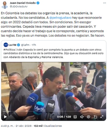 Juan Daniel Oviedo cuestionó a Iván Cepeda y destacó apertura de Gustavo Petro en debates electorales - crédito @JDOviedoAr/X