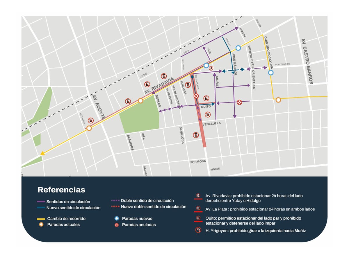 Un mapa esquemático detalla los cambios de sentido, nuevas paradas y modificaciones en el recorrido del Trambus en los barrios porteños de Caballito y Almagro