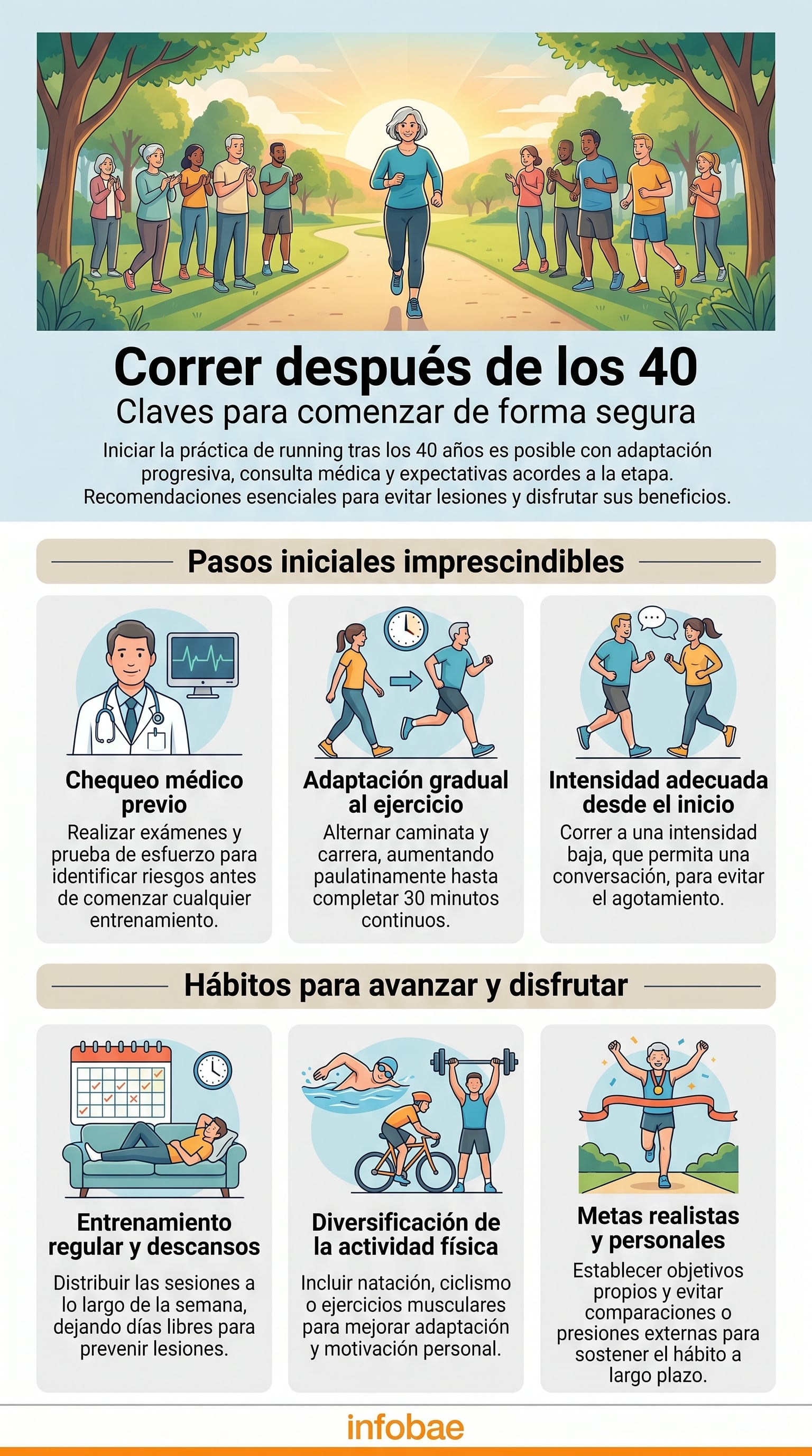 La adaptación física al correr tras los 40 debe ser gradual, alternando caminata y carrera, para evitar sobrecargas y lesiones (Imagen Ilustrativa Infobae)