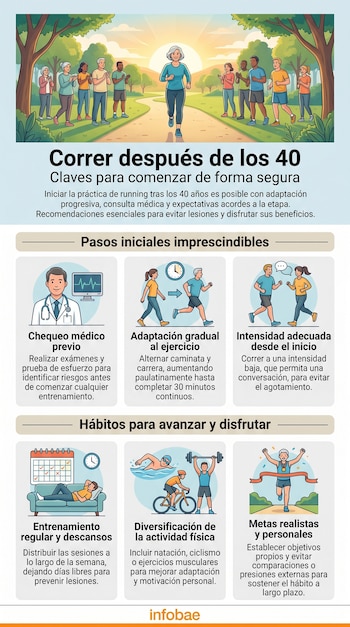 Infografía con personas de diversas edades corriendo en un parque, ilustrando las claves para iniciar el running después de los 40 años con seguridad y beneficios.