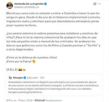 Abelardo de la Espriella exigió medidas más severas contra agresores de menores y cuestionó a sectores de izquierda - crédito @ABDELAESPRIELLA/X