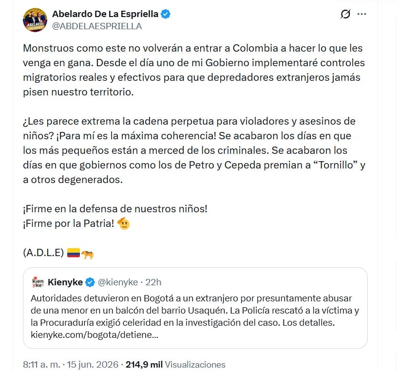 Abelardo de la Espriella exigió medidas más severas contra agresores de menores y cuestionó a sectores de izquierda - crédito @ABDELAESPRIELLA/X