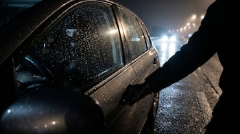 Plano cerrado de una mano enguantada abriendo la puerta de un coche oscuro bajo la lluvia por la noche. Gotas de agua cubren la carrocería y el cristal, con luces borrosas en el fondo.