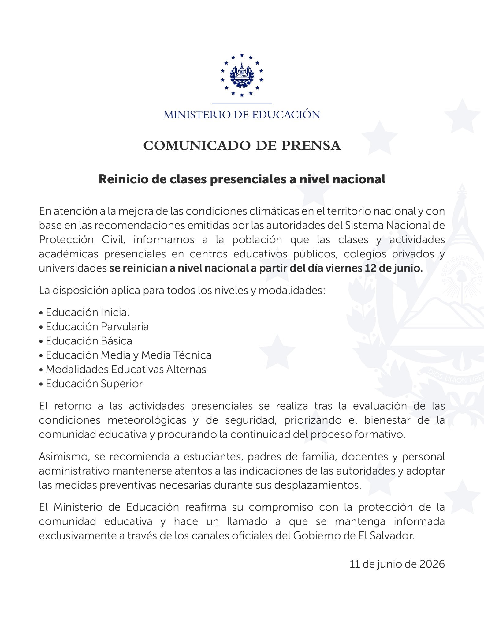 La suspensión de actividades académicas en El Salvador había sido aplicada por condiciones meteorológicas adversas desde 11 de junio de 2026.(Cortesía: Mined)
