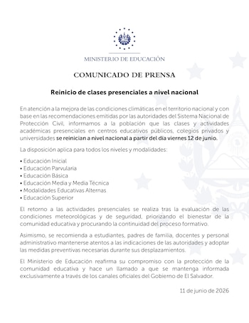 La suspensión de actividades académicas en El Salvador había sido aplicada por condiciones meteorológicas adversas desde 11 de junio de 2026.(Cortesía: Mined)