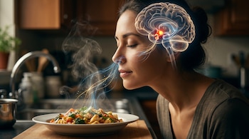 Mujer huele comida caliente. El vapor y líneas luminosas van hacia su nariz. Una representación translúcida del cerebro muestra un área iluminada del hipotálamo.