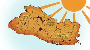 Mapa de El Salvador con divisiones, superficie agrietada, campos con plantas marchitas, y un sol grande con rayos. Fondo celeste claro degradado.
