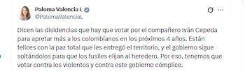 La candidata Paloma Valencia criticó la candidatura de Iván Cepeda por audio atribuido a Rogelio Benavides - crédio @PalomaValenciaL/X
